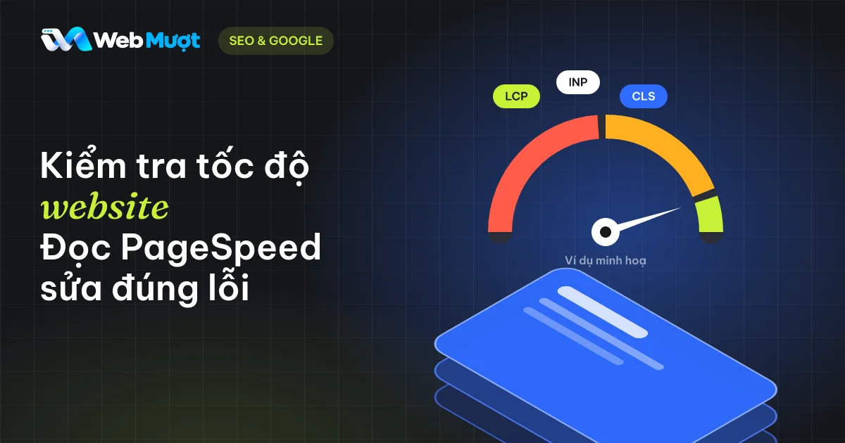 Kiểm tra tốc độ website: đồng hồ đo ba chỉ số LCP, INP, CLS đặt trên các lớp giao diện xếp chéo