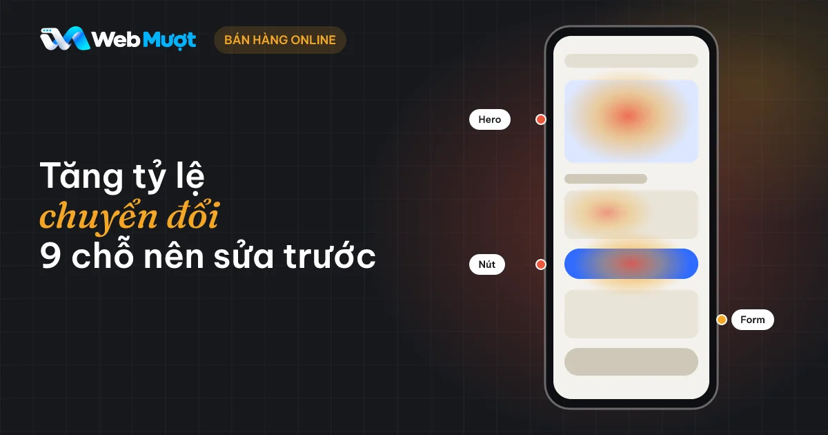 Tăng tỷ lệ chuyển đổi website: điện thoại hiển thị bản đồ nhiệt giả lập trên hero và nút bấm, kèm các điểm chẩn đoán