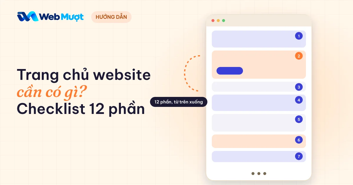 Trang chủ website cần có gì: cửa sổ trình duyệt với các khối đánh số từ một đến bảy, khối thứ hai là hero có nút chính