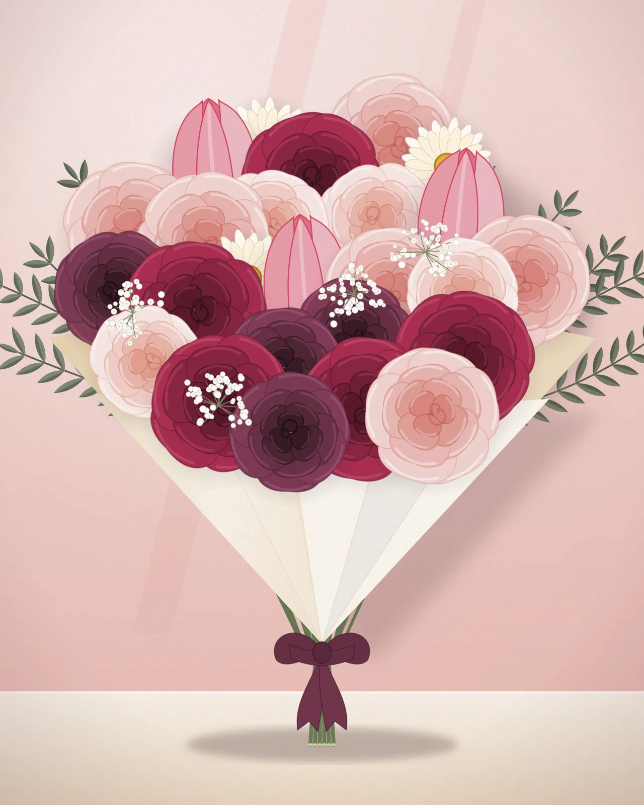 Bó hoa hồng đỏ sẫm, hồng phấn, tulip và cúc gói giấy kem, buộc nơ rượu vang, đặt trên bàn trước tường hồng (ảnh minh hoạ)