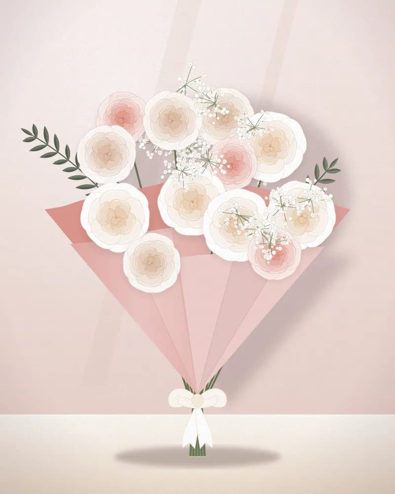 Bó hồng trắng và nhiều baby breath gói giấy hồng phấn, buộc nơ trắng (ảnh minh hoạ)
