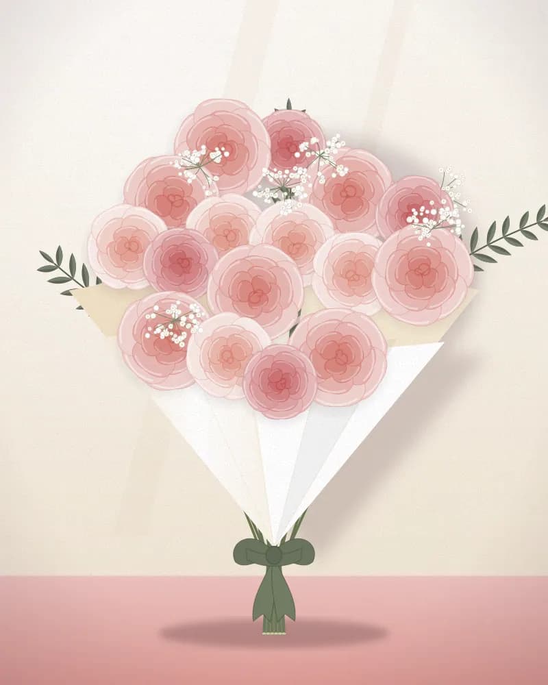 Bó hoa hồng phấn với baby breath, gói giấy trắng kem, buộc nơ xanh olive (ảnh minh hoạ)