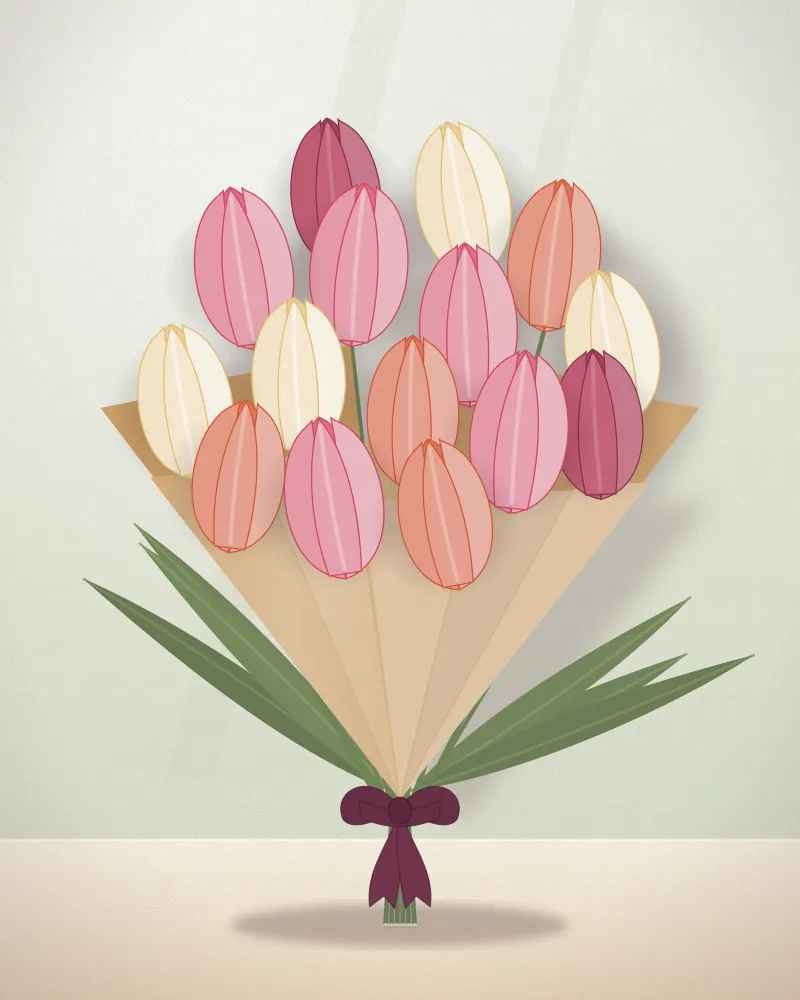 Bó tulip hồng, kem và cam đào gói giấy kraft, buộc nơ rượu vang (ảnh minh hoạ)