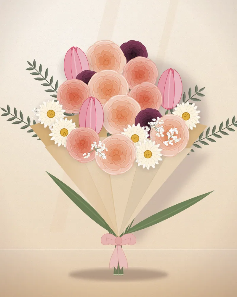 Bó hoa hỗn hợp hồng đào, cúc trắng và tulip hồng gói giấy kraft, buộc nơ hồng phấn (ảnh minh hoạ)