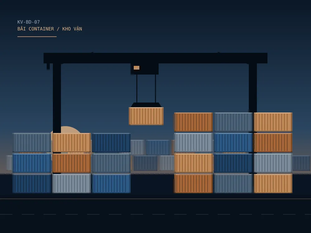 Minh hoạ vẽ tay: bãi container xếp chồng nhiều màu dưới cẩu giàn đang nâng một container